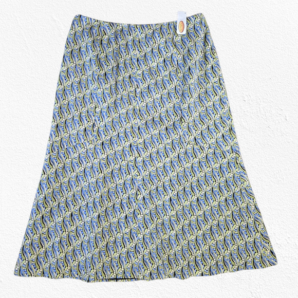 Y2K Talbots Blue Green Silk Blend Retro Mod Print A-Line Midi Skirt Size 10 - Picture 1 of 12